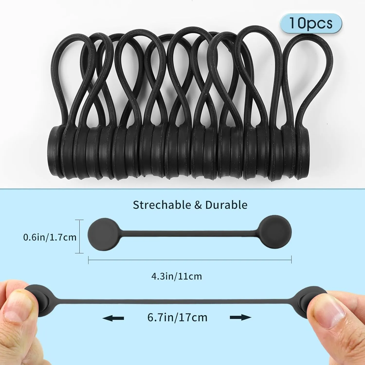 10 Pack Magnetic Cable Ties 4.3'' Reusable Silicone Magnetic Cord Organizers Cable Clips for Bundling and Organizing (Black)