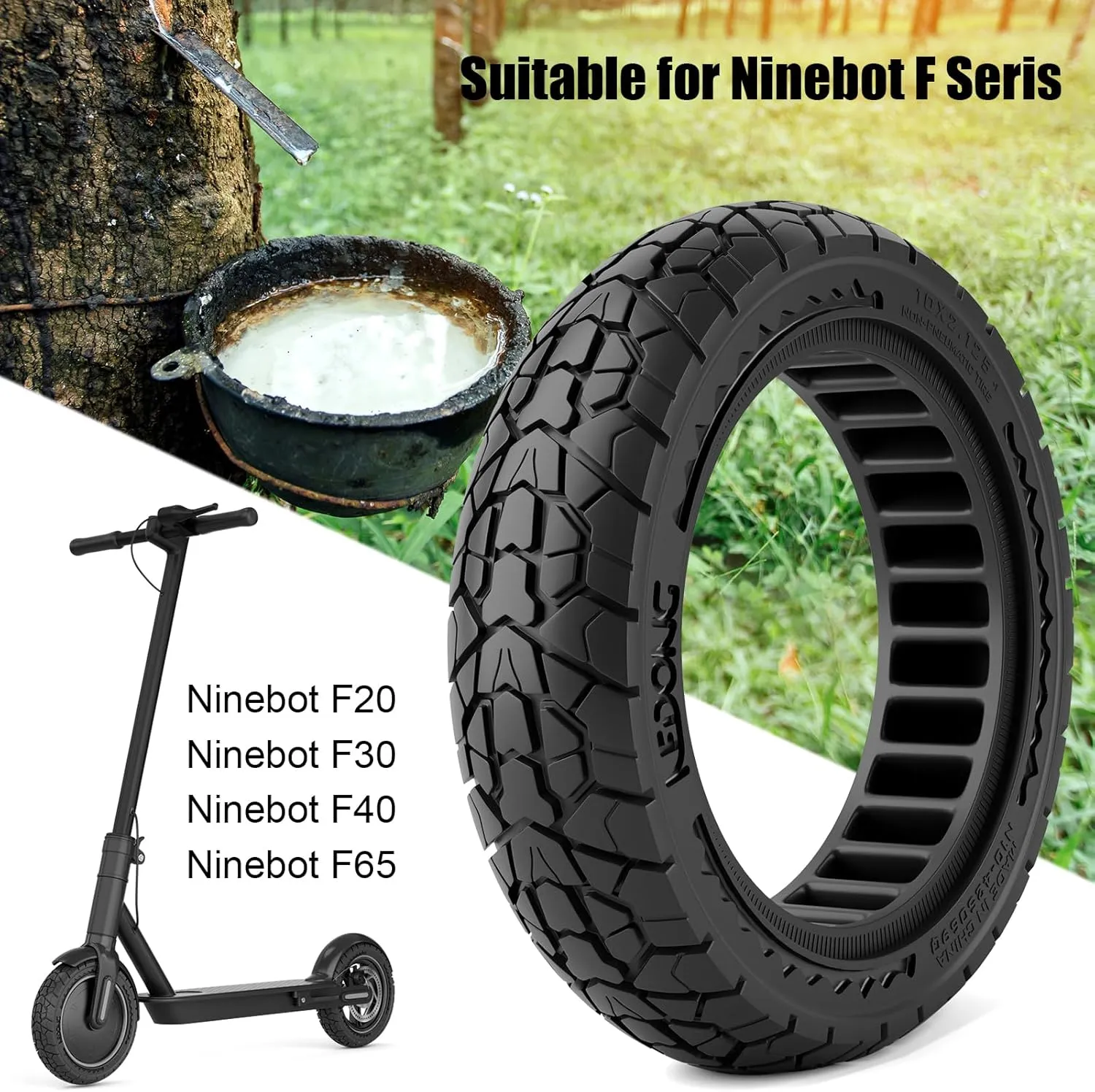10X2.125 Off Road Tire for Electric Scooter Ninebot F20/F30/F40/F65, 10 inch Solid Rubber Tires for Front And Rear Solid Electric Scooter Tire Tubeless(Black 2pcs)