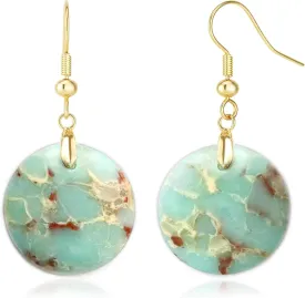 18K Gold Plated Natural Stone Earrings for Women, Circle Disc Dangle Drop Earrings, Lightweight Elegant Gemstone Jewelry for Daily Wear, Party, Anniversary,Gift for Her
