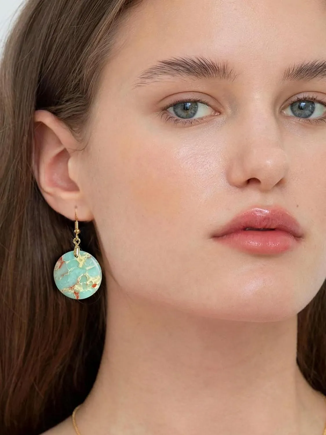 18K Gold Plated Natural Stone Earrings for Women, Circle Disc Dangle Drop Earrings, Lightweight Elegant Gemstone Jewelry for Daily Wear, Party, Anniversary,Gift for Her