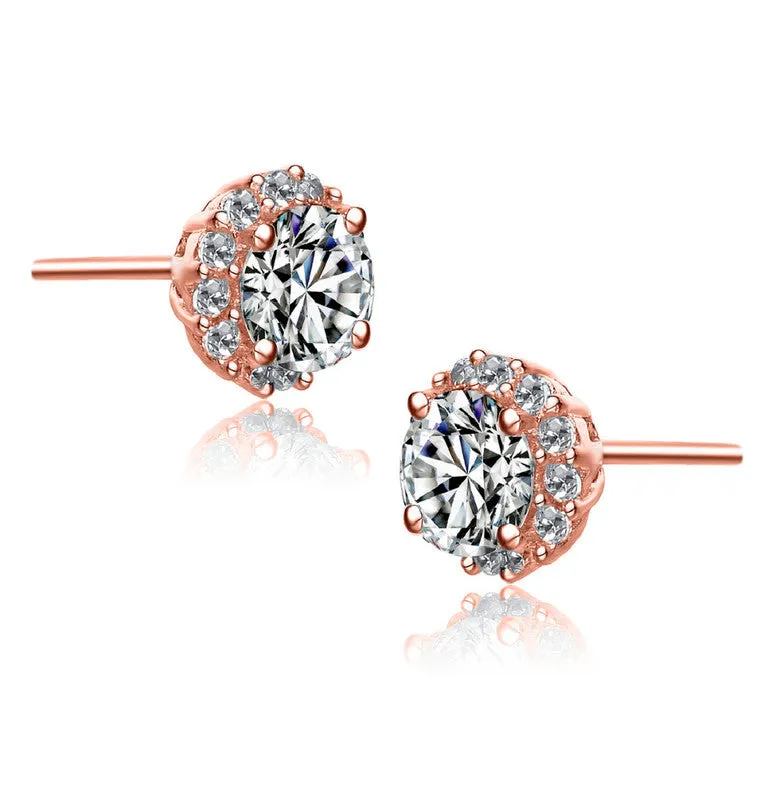 18k Rose Gold Plated with Clear Cubic Zirconia Pave Stud Earrings
