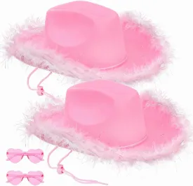 2 Pack Cowgirl Hat and Glasses, Pink Funcredible Fluffy Cowboy Hat Set, Sparkly Cowgirl Hats with Fluffy Feather Brim, Cow Girl Costume Accessories for Women, Theme Party, Adult Size