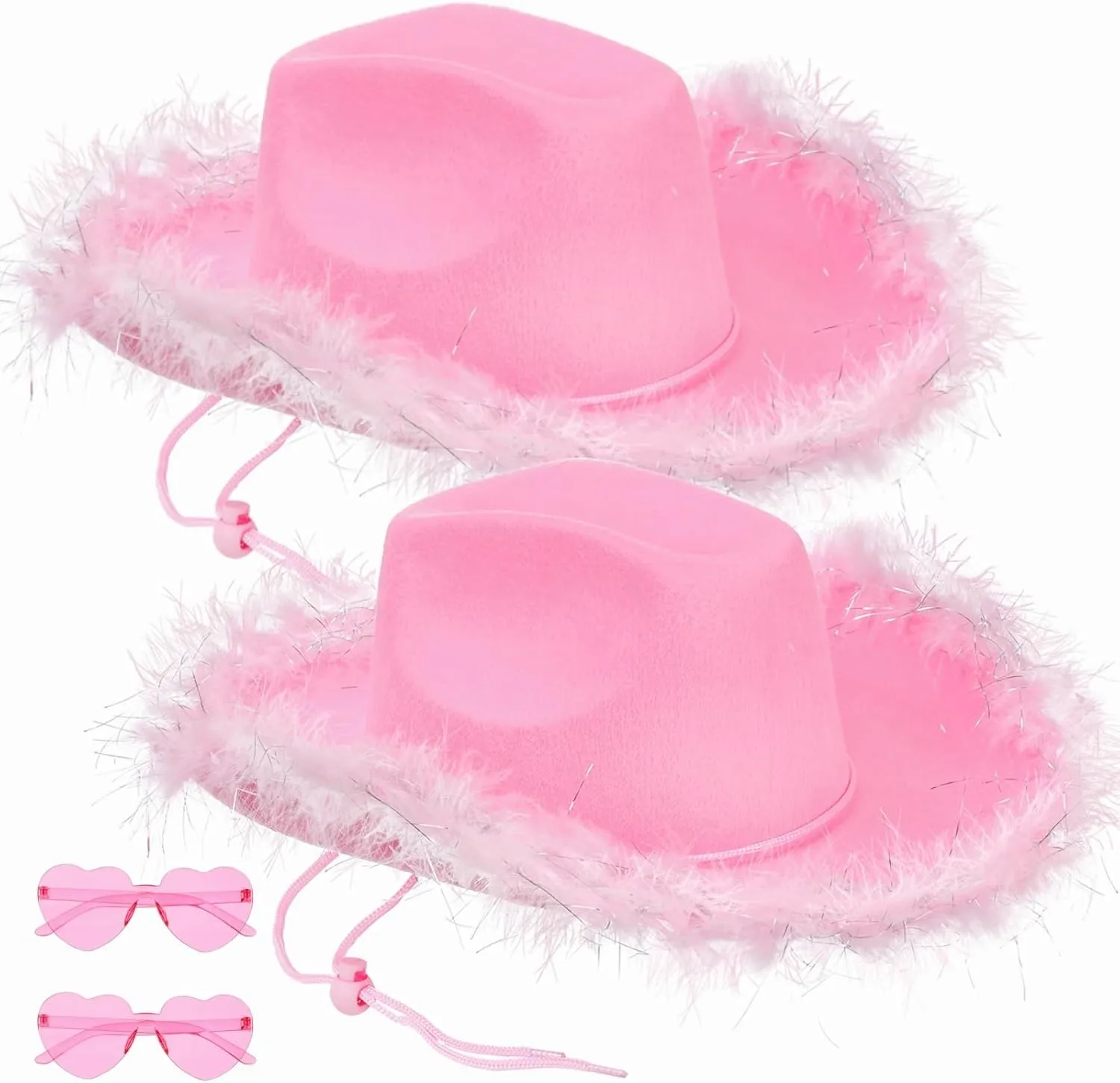 2 Pack Cowgirl Hat and Glasses, Pink Funcredible Fluffy Cowboy Hat Set, Sparkly Cowgirl Hats with Fluffy Feather Brim, Cow Girl Costume Accessories for Women, Theme Party, Adult Size