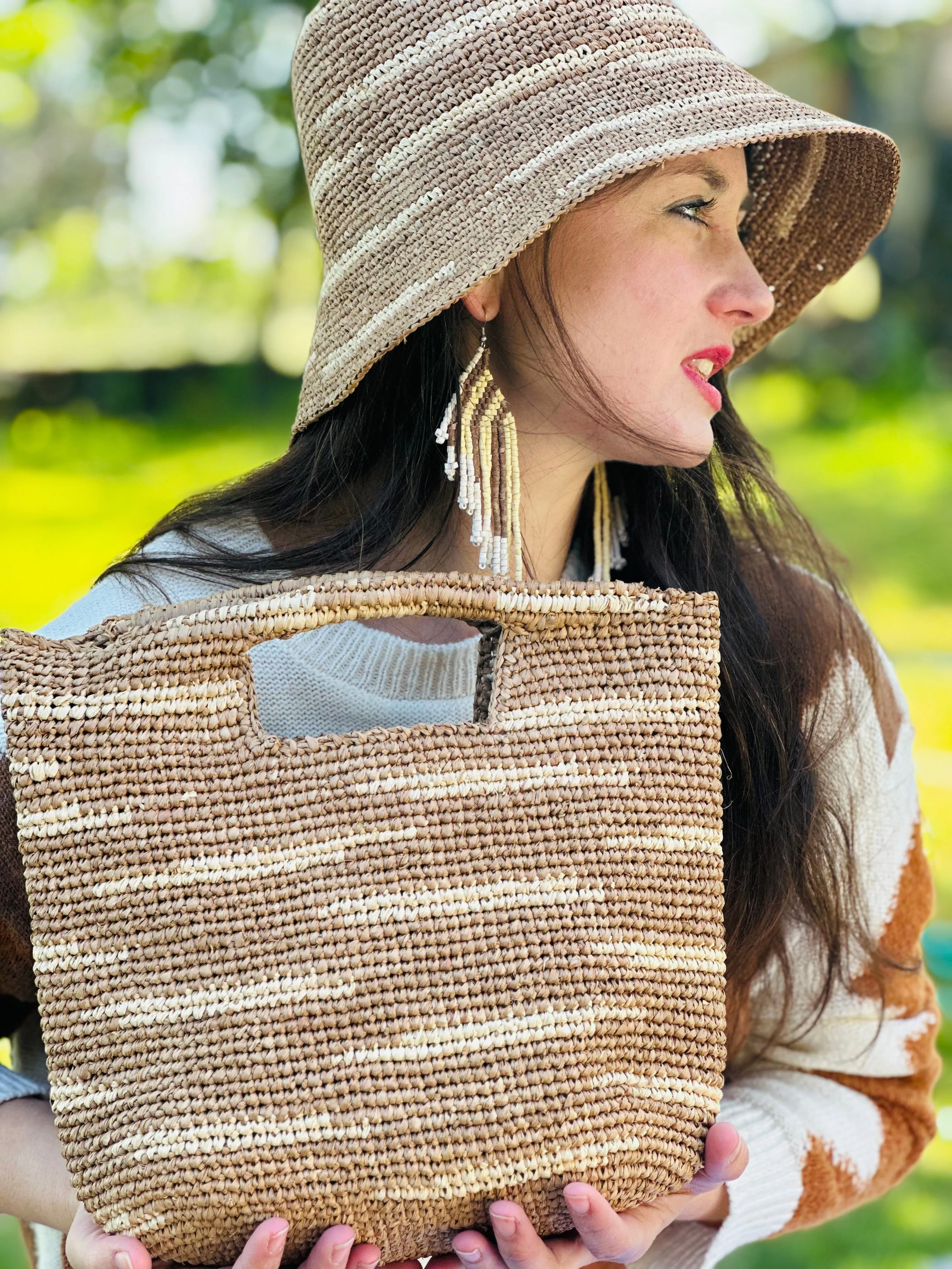 2.5" Brim Taylor Crochet Bucket Straw Hats with Zebra Stripes