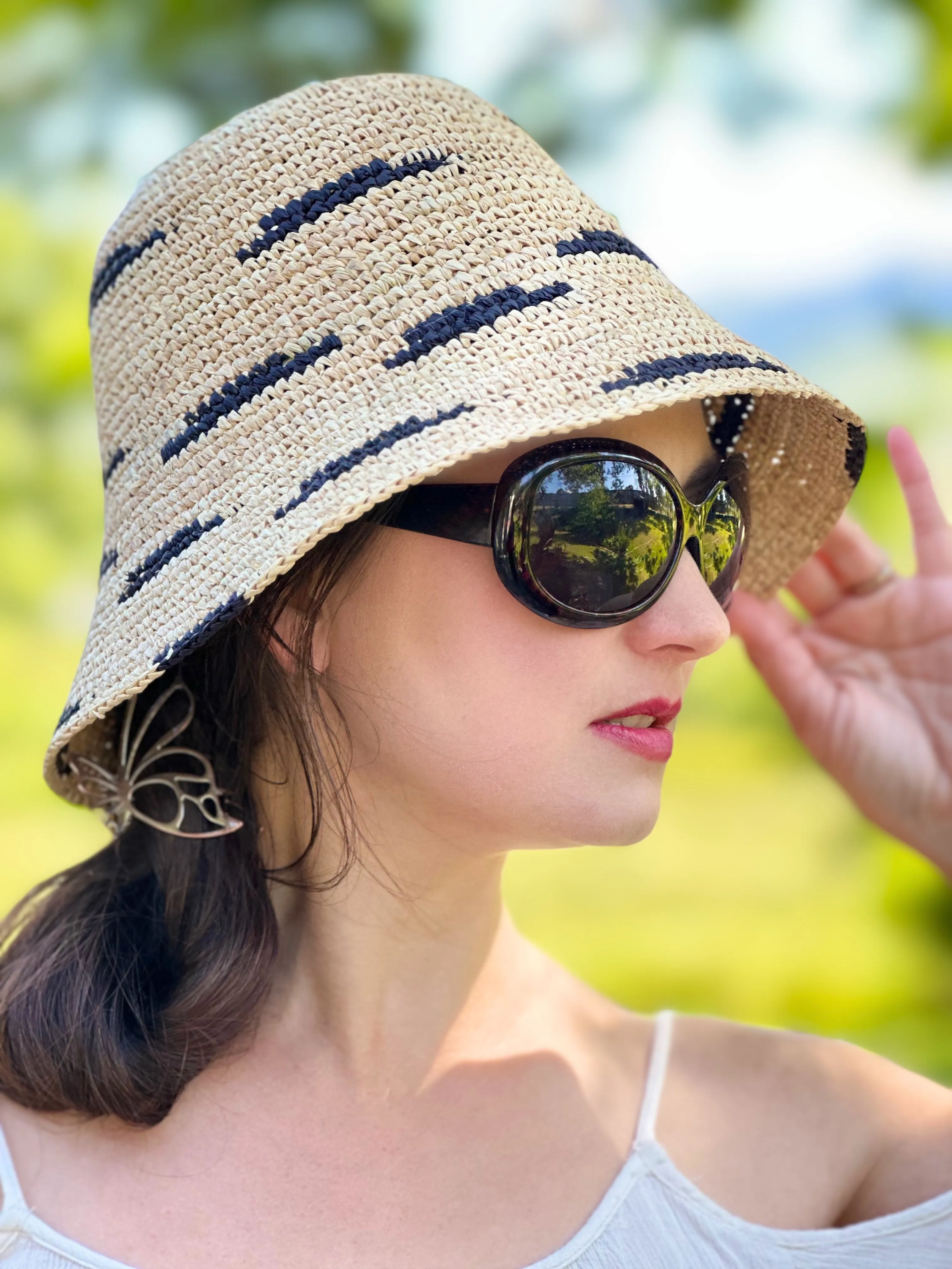 2.5" Brim Taylor Crochet Bucket Straw Hats with Zebra Stripes