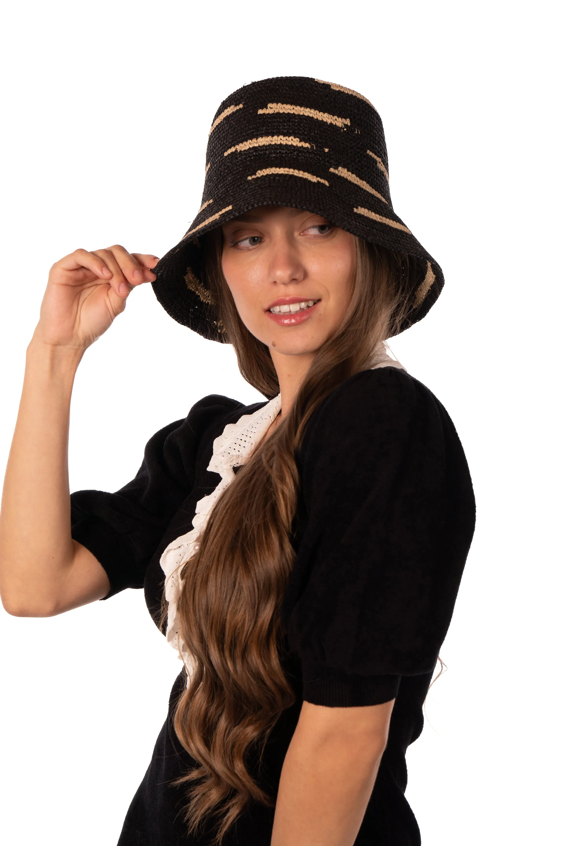 2.5" Brim Taylor Crochet Bucket Straw Hats with Zebra Stripes