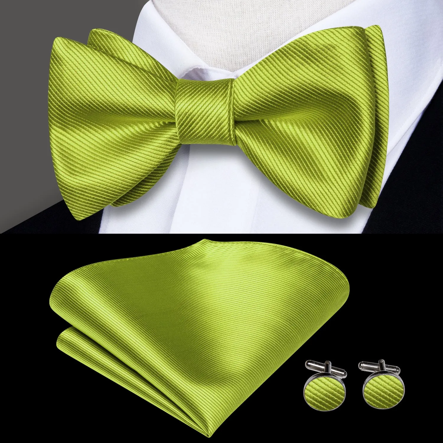 $9.99 Leaf Green Striped Silk Self-tied Bow Tie Pocket Square Cufflinks Set