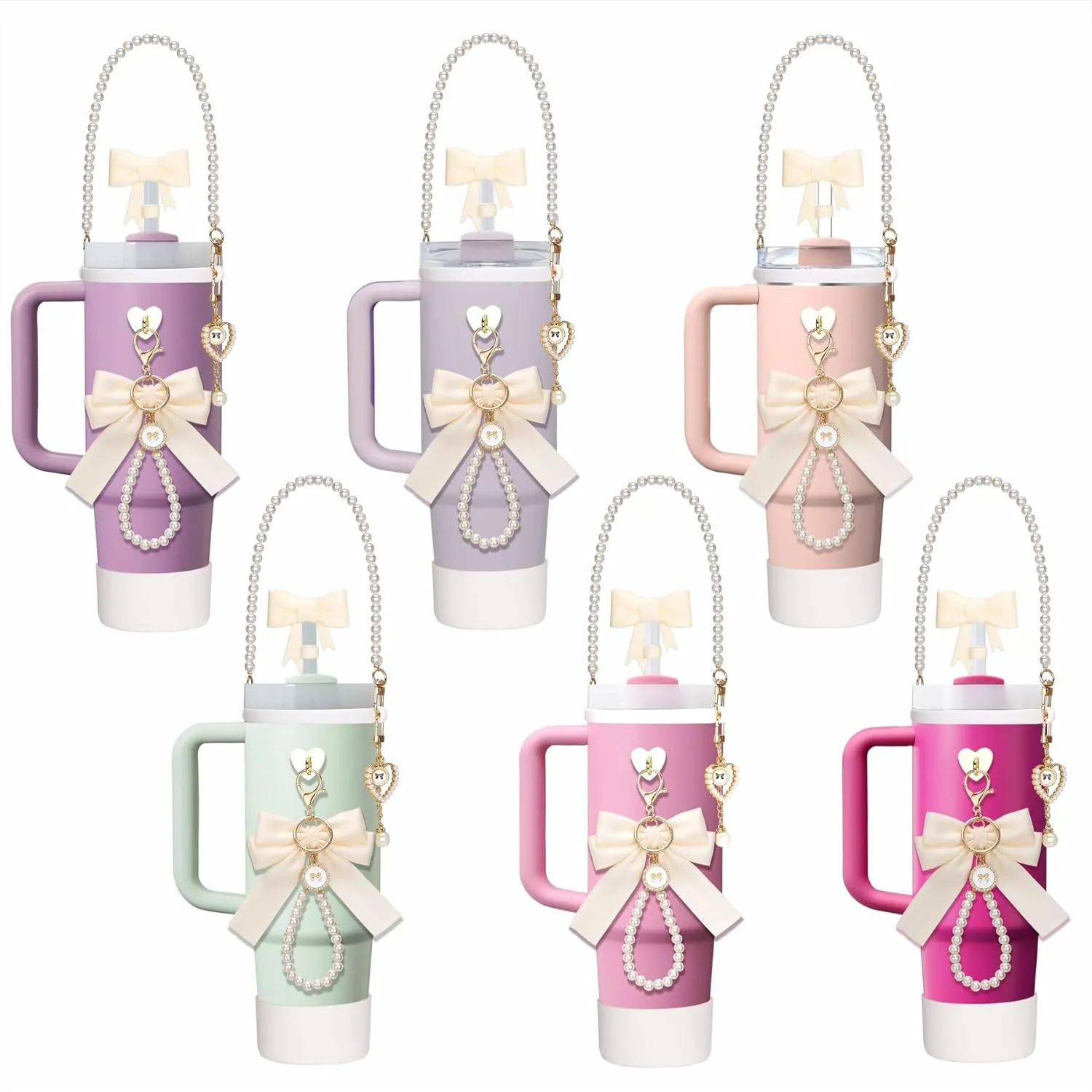 Accessories for Stanley Cup 40oz Tumbler, Charms Accessories for Stanley Tumbler, Including 1pc Tumbler Strap, 1pc Silicone Cup Boot, 1pc Silicone Straw Cover, 2pcs Charms, White Bow-knot