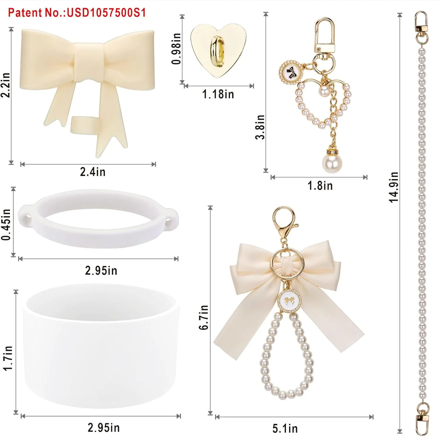 Accessories for Stanley Cup 40oz Tumbler, Charms Accessories for Stanley Tumbler, Including 1pc Tumbler Strap, 1pc Silicone Cup Boot, 1pc Silicone Straw Cover, 2pcs Charms, White Bow-knot