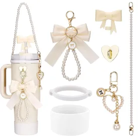 Accessories for Stanley Cup 40oz Tumbler, Charms Accessories for Stanley Tumbler, Including 1pc Tumbler Strap, 1pc Silicone Cup Boot, 1pc Silicone Straw Cover, 2pcs Charms, White Bow-knot