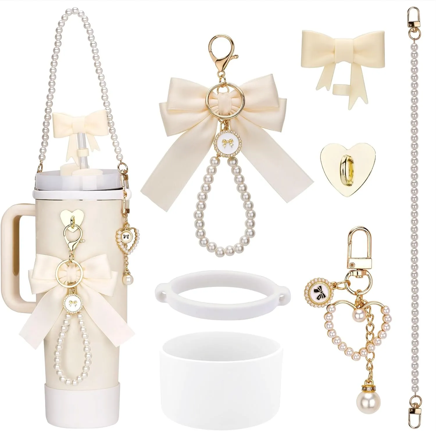 Accessories for Stanley Cup 40oz Tumbler, Charms Accessories for Stanley Tumbler, Including 1pc Tumbler Strap, 1pc Silicone Cup Boot, 1pc Silicone Straw Cover, 2pcs Charms, White Bow-knot