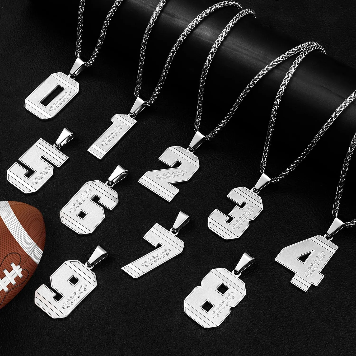 AMITER Football Necklace for Men, 0-99 Jersey Number Football Pendant Necklace with 22 2 in Chain - Stainless Steel Silver