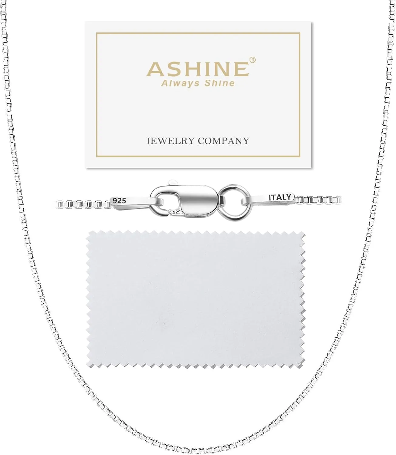 ASHINE 925 Sterling Silver 1mm & 0.8 Italian Box Chain Necklace 16" - 30" with Silver Polishing Cloth/Dainty & Sturdy Necklace for Women Available in 15 Lengths