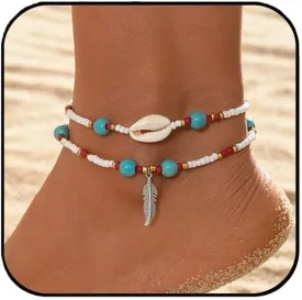 Beach Anklet Bracelet - Bohemian Feather Pendant with Turquoise Beads & Shells, Adjustable Waterproof Foot Jewelry for Summer Vacations/Seaside Events, Women's Boho Accessories