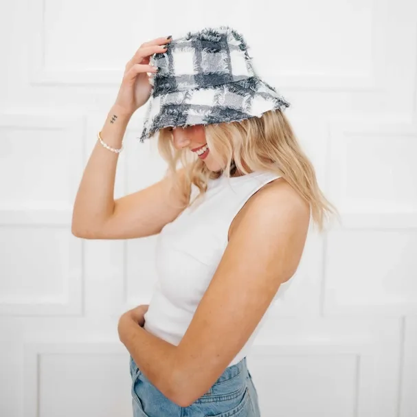 Black White Plaid Cotton Bucket Hat