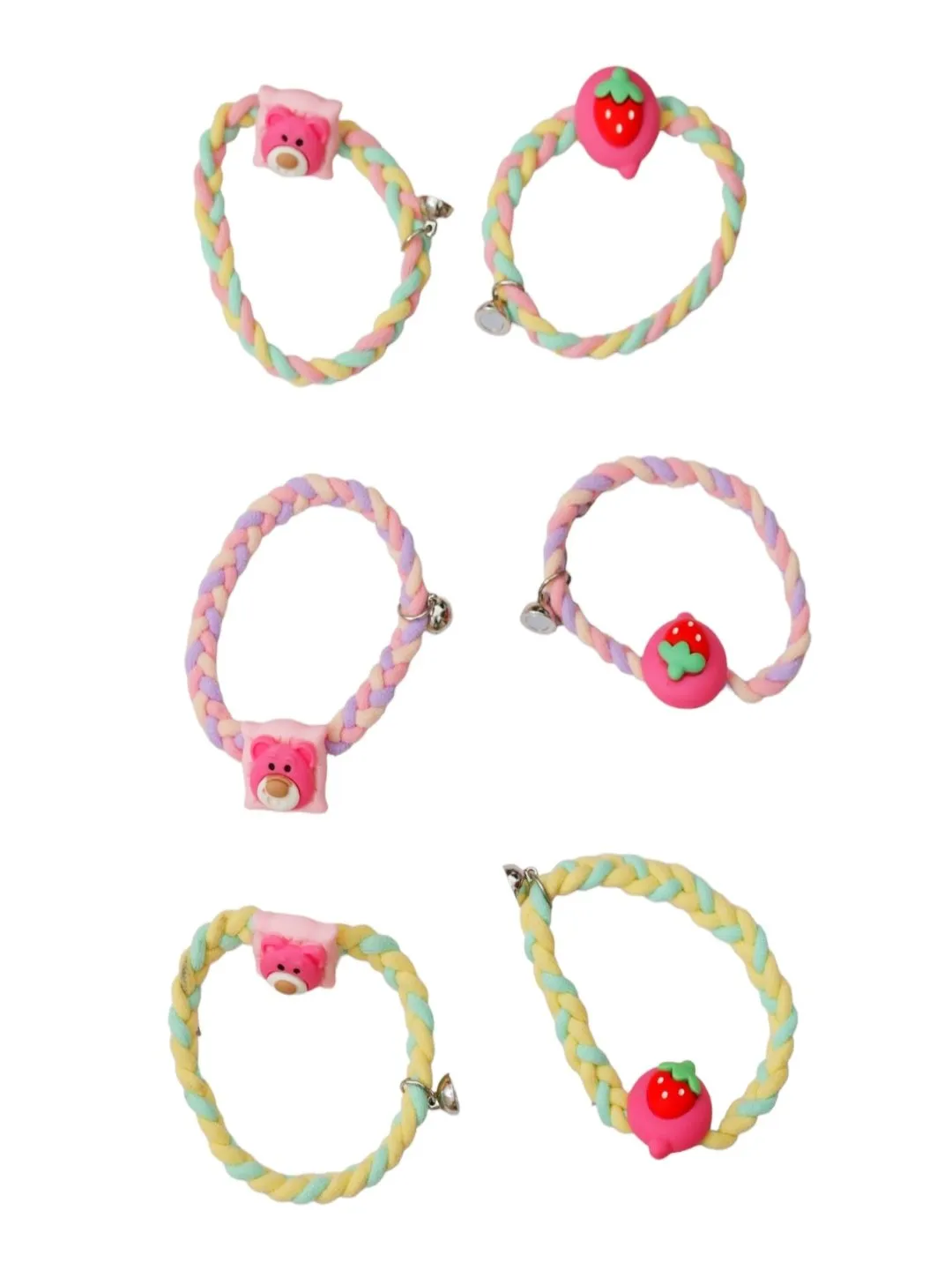 Braided Bear and Strawberry Rubber Bands Pack with Magnet of 6 - Multi