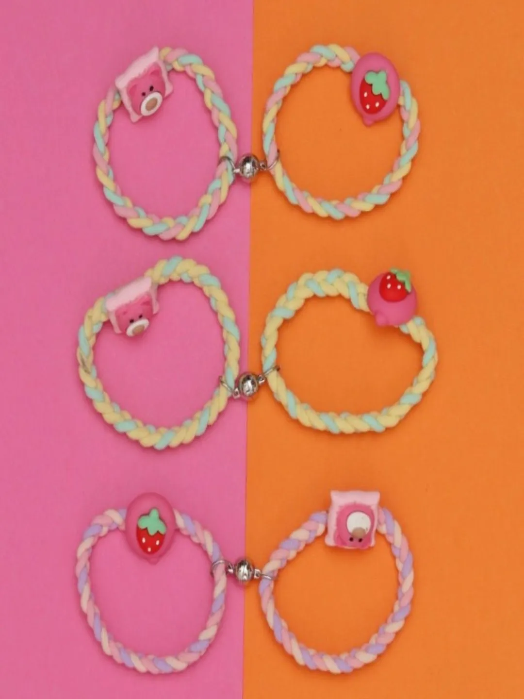 Braided Bear and Strawberry Rubber Bands Pack with Magnet of 6 - Multi
