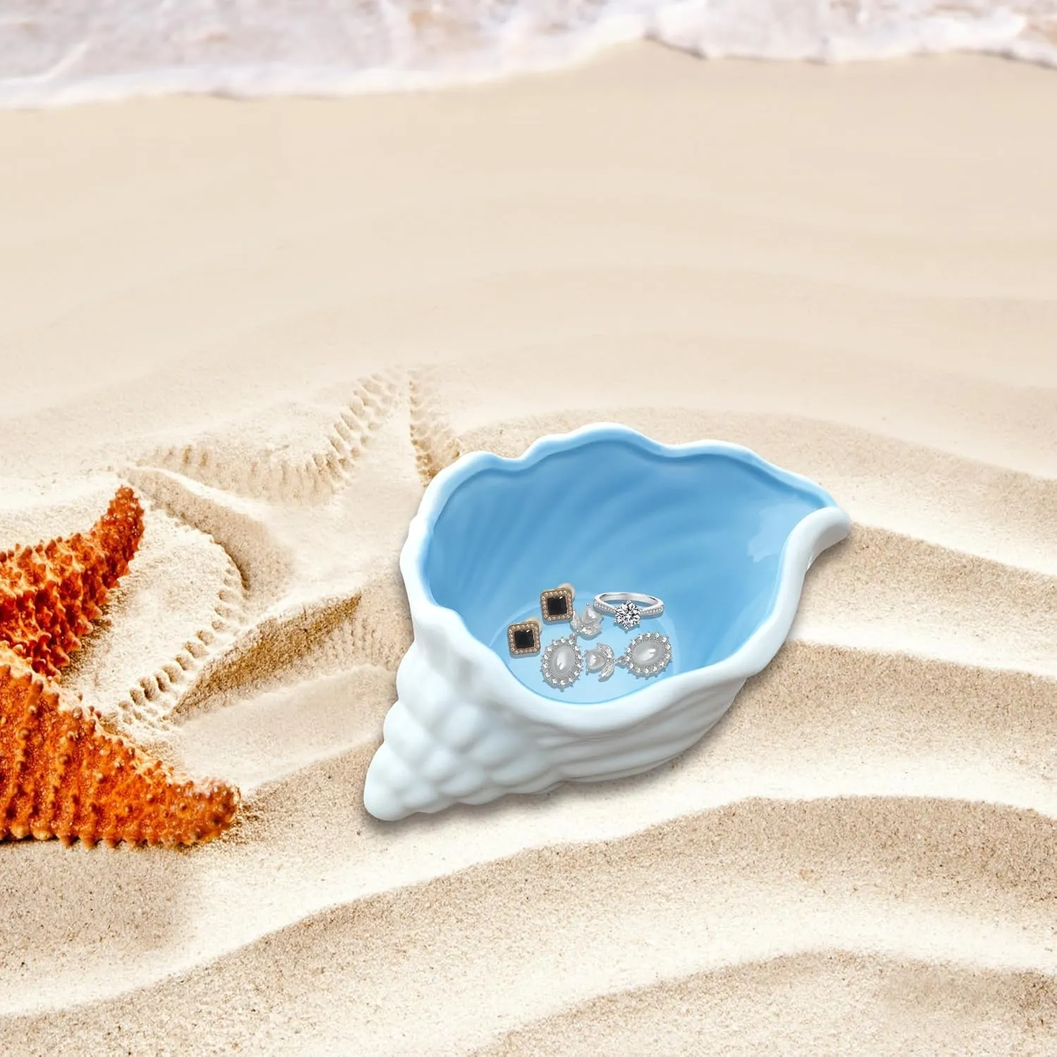 Ceramic Conch Shell Jewelry Dish Tray Blue Shell Jewelry Holder Seashell Trinket Dish Earring Ring Dish Holder Ocean Coastal Decor Jewelry Plate Tray Key Bowl for Christmas Room Beach Decor