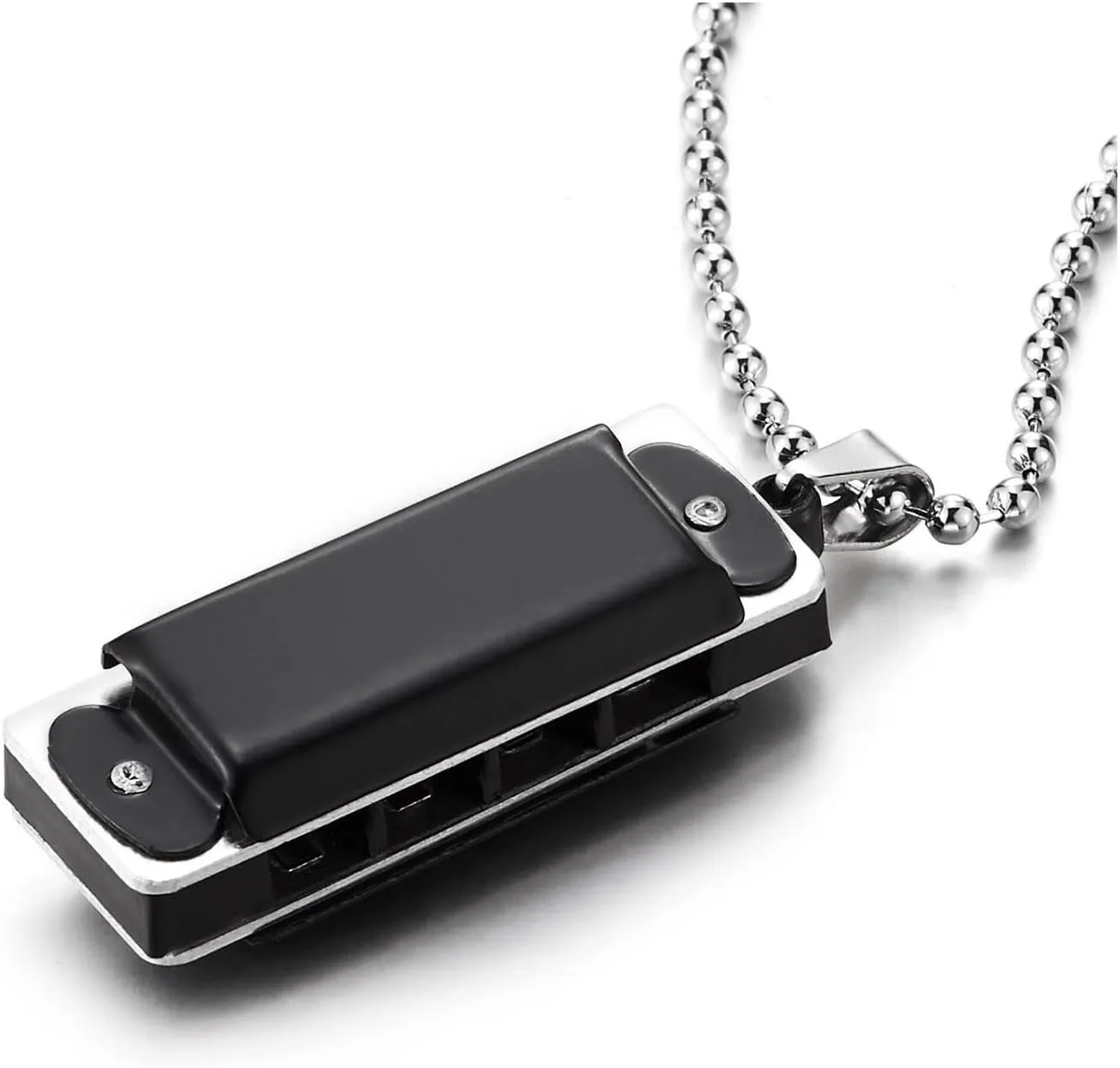 COOLSTEELANDBEYOND Mini Harmonica Necklace for Men, Musical Instrument Pendant, Unique Jewelry