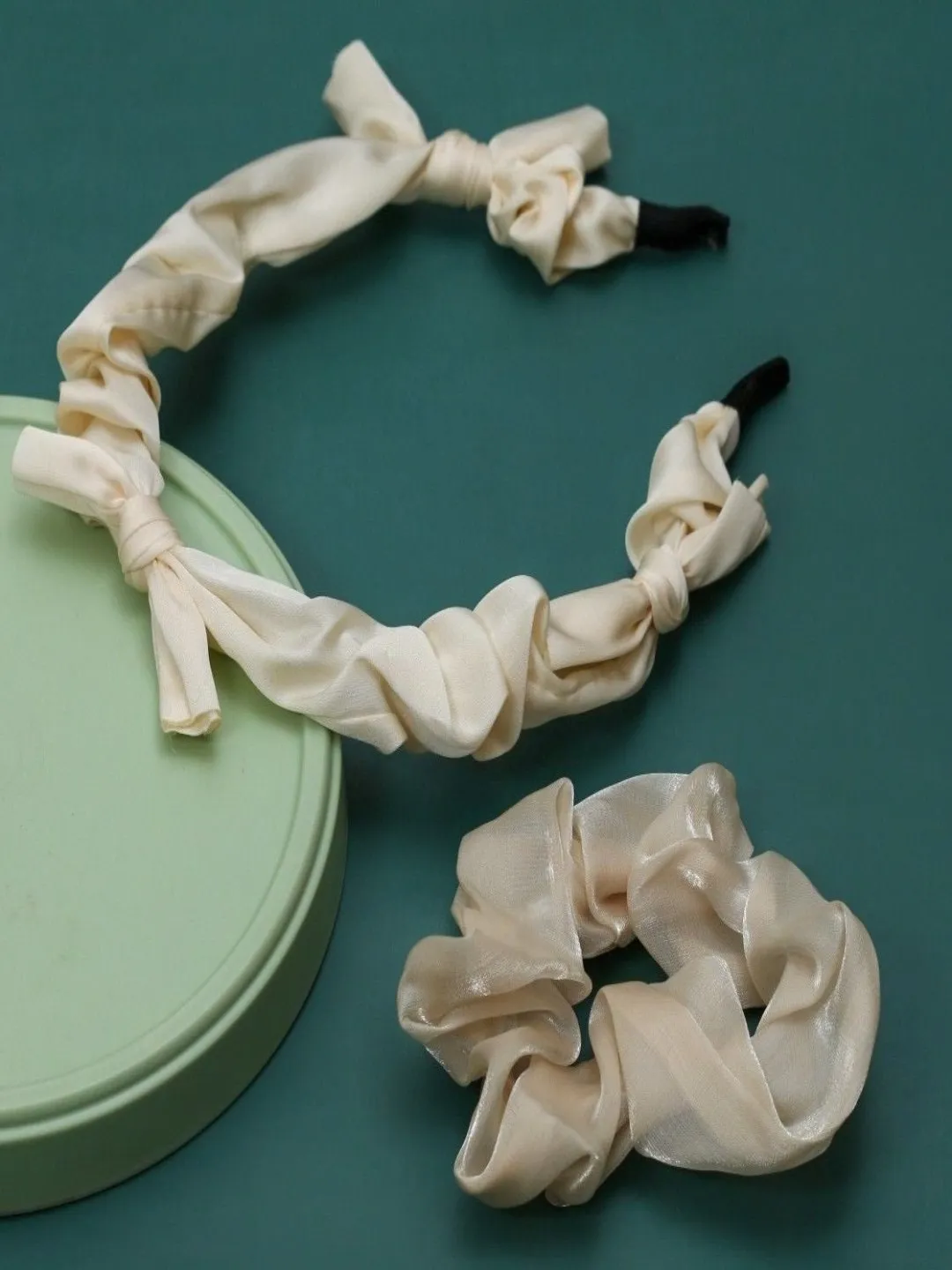 Creamy Dream: Luxe Ivory Twisted Satin Headband and Matching Silken Scrunchie Set