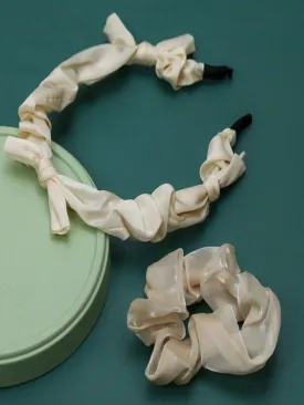 Creamy Dream: Luxe Ivory Twisted Satin Headband and Matching Silken Scrunchie Set