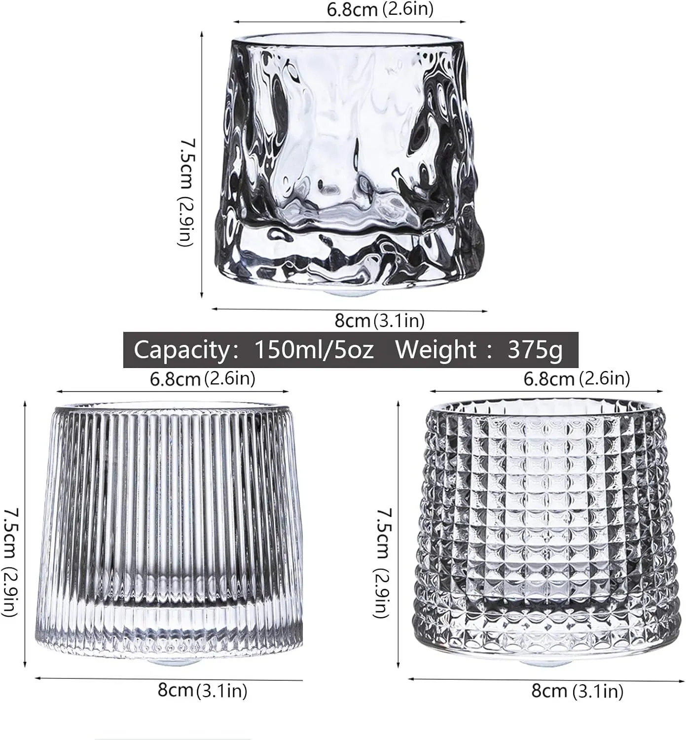 Crystal Whiskey Glasses 5 OZ Set of 3, Rotatable Old Fashioned Glasses, Tumbler Rocks Bar Glass for Drinking Bourbon, Scotch, Cocktails, CognacSmall Size