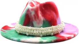 DHAEY Autumn and Winter Tie-Dyed Colored Wool Jazz Hat European and American Style Flat Brim Felt Hat with Pearl Belt Luopan Caps & Hats (Color : Rose Red, Size : 56-58cm)