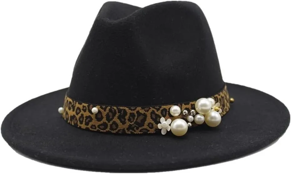 DHAEY Fashion Leopard Texture Pearl Wool Hat Men and Women Jazz Hat Autumn and Winter Versatile Felt Hat Flat Brim Hat with Leopard Belt Luopan Caps & Hats (Color : C8, Size : 59-61cm)