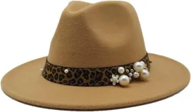 DHAEY Fashion Leopard Texture Pearl Wool Hat Men and Women Jazz Hat Autumn and Winter Versatile Felt Hat Flat Brim Hat with Leopard Belt Luopan Caps & Hats (Color : Camel, Size : 59-61cm)
