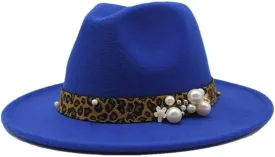DHAEY Fashion Leopard Texture Pearl Wool Hat Men and Women Jazz Hat Autumn and Winter Versatile Felt Hat Flat Brim Hat with Leopard Belt Luopan Caps & Hats (Color : Royal Blue, Size : 56-58cm)