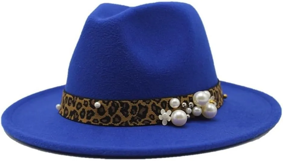 DHAEY Fashion Leopard Texture Pearl Wool Hat Men and Women Jazz Hat Autumn and Winter Versatile Felt Hat Flat Brim Hat with Leopard Belt Luopan Caps & Hats (Color : Royal Blue, Size : 56-58cm)
