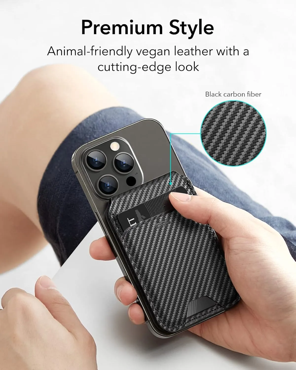 ESR Magnetic Wallet (HaloLock), Compatible with MagSafe Wallet, Phone Wallet with Adjustable Stand for iPhone 16/15/14/13/12, Not for iPhone Mini, 3 Card Holder, Vegan Leather, Black Carbon Fiber