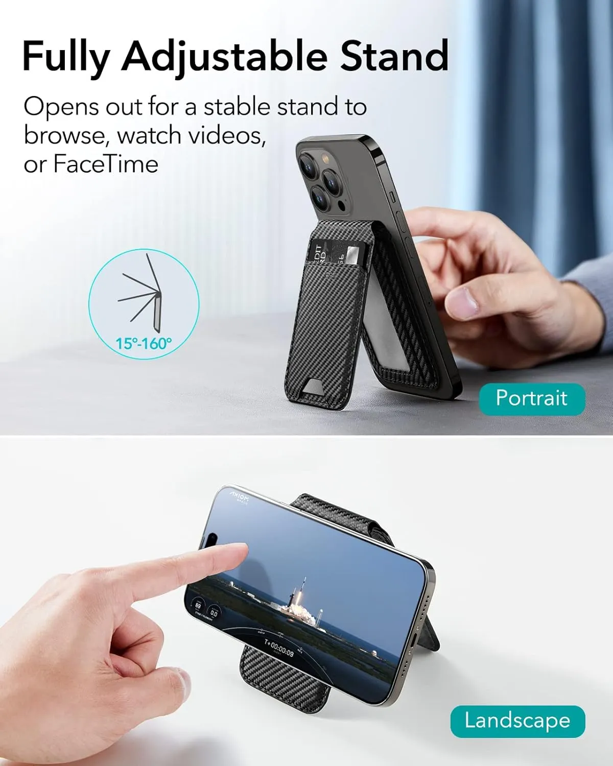 ESR Magnetic Wallet (HaloLock), Compatible with MagSafe Wallet, Phone Wallet with Adjustable Stand for iPhone 16/15/14/13/12, Not for iPhone Mini, 3 Card Holder, Vegan Leather, Black Carbon Fiber