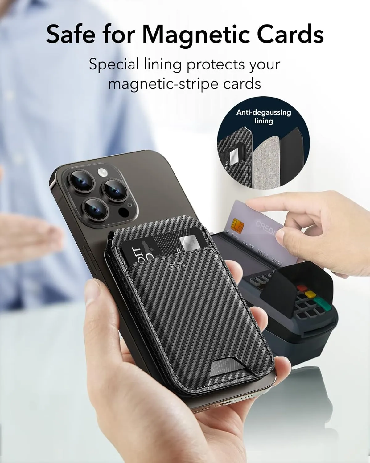 ESR Magnetic Wallet (HaloLock), Compatible with MagSafe Wallet, Phone Wallet with Adjustable Stand for iPhone 16/15/14/13/12, Not for iPhone Mini, 3 Card Holder, Vegan Leather, Black Carbon Fiber