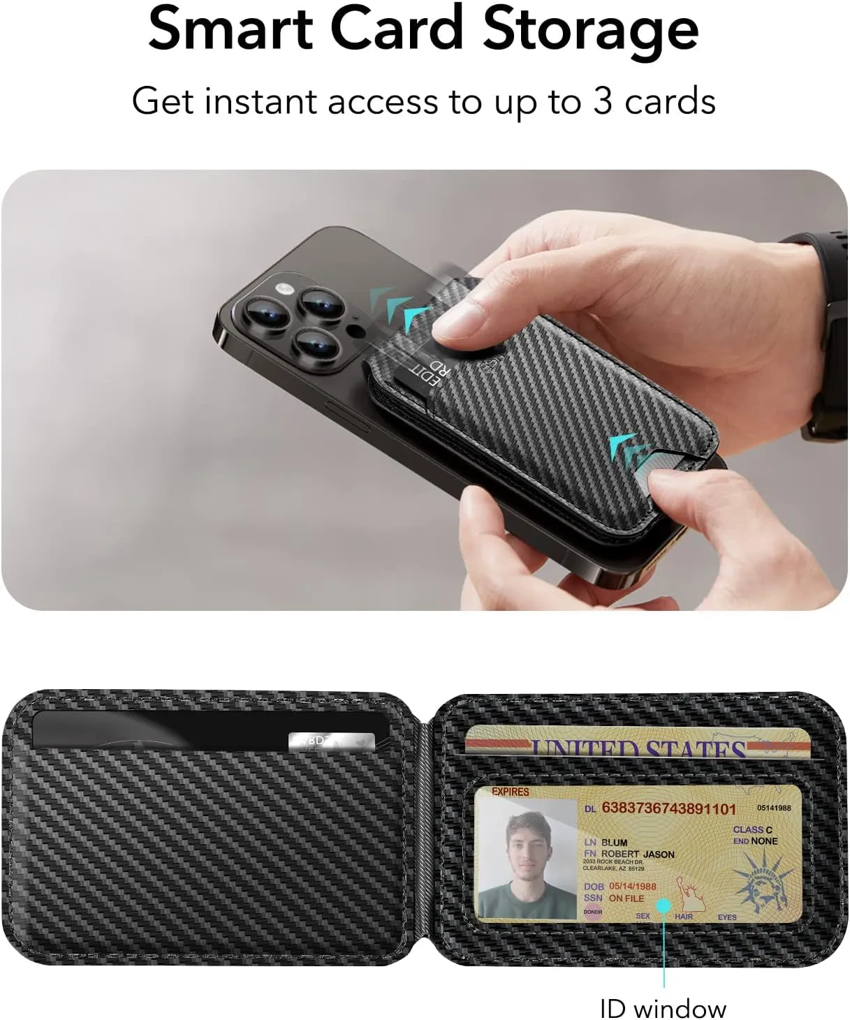 ESR Magnetic Wallet (HaloLock), Compatible with MagSafe Wallet, Phone Wallet with Adjustable Stand for iPhone 16/15/14/13/12, Not for iPhone Mini, 3 Card Holder, Vegan Leather, Black Carbon Fiber