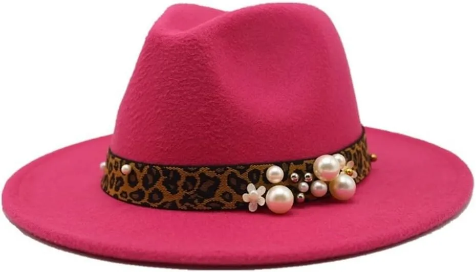 Fashion Leopard Texture Pearl Wool Hat Men and Women Jazz Hat Autumn and Winter Versatile Felt Hat Flat Brim Hat with Leopard Belt Fengyan Cowboy Hats (Color : Rosy, Size : 56-58cm)