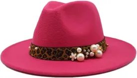 Fashion Leopard Texture Pearl Wool Hat Men and Women Jazz Hat Autumn and Winter Versatile Felt Hat Flat Brim Hat with Leopard Belt Fengyan Cowboy Hats (Color : Rosy, Size : 56-58cm)