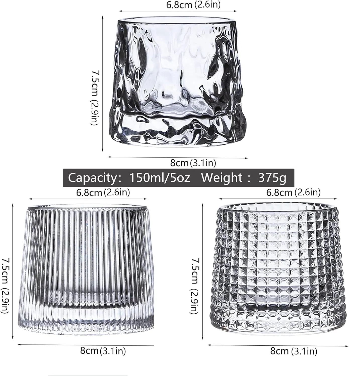 Flat bottom Crystal Whiskey Glasses, Small 5OZ Scotch Glasses Set of 3, Old Fashioned Glasses,Heavy Bottom Rocks Glasses for Drinking Bourbon, Rock,CocktailsSmall Size