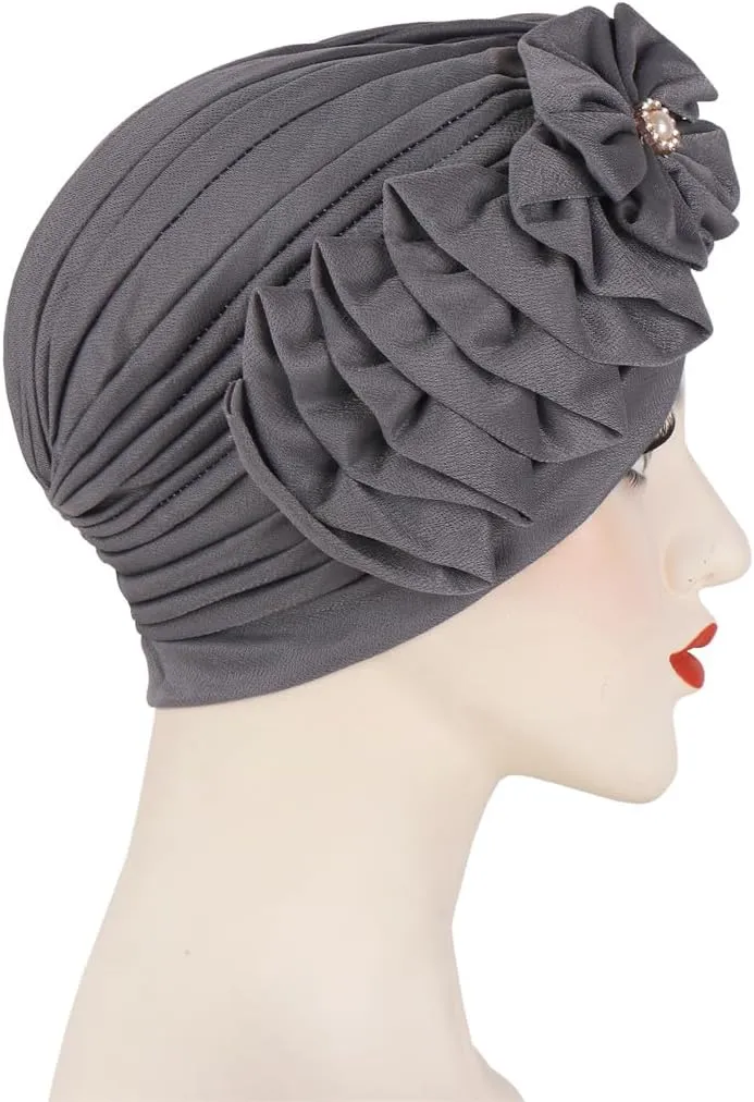 Flower Turban Hats for Women - Ruffle Bead Stretch Solid Caps Chemo Cancer Pre Tied Headscarf Headwear