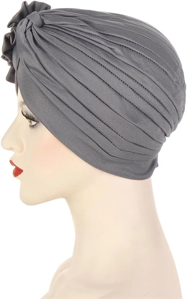 Flower Turban Hats for Women - Ruffle Bead Stretch Solid Caps Chemo Cancer Pre Tied Headscarf Headwear