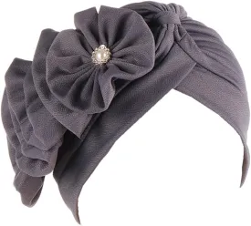 Flower Turban Hats for Women - Ruffle Bead Stretch Solid Caps Chemo Cancer Pre Tied Headscarf Headwear