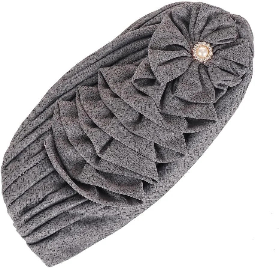 Flower Turban Hats for Women - Ruffle Bead Stretch Solid Caps Chemo Cancer Pre Tied Headscarf Headwear