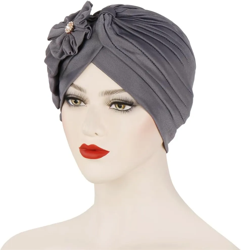 Flower Turban Hats for Women - Ruffle Bead Stretch Solid Caps Chemo Cancer Pre Tied Headscarf Headwear