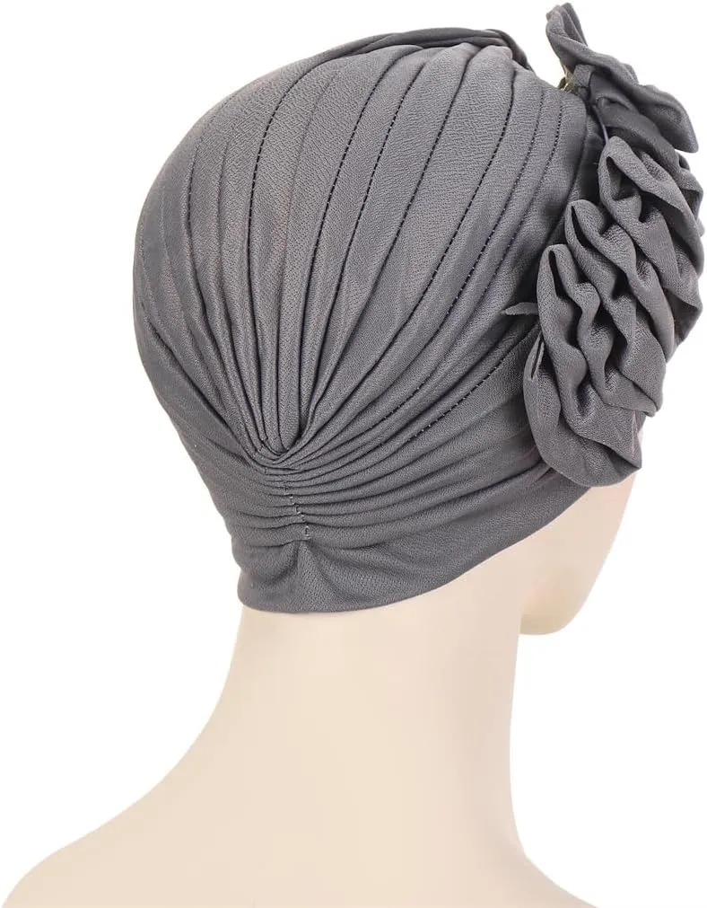 Flower Turban Hats for Women - Ruffle Bead Stretch Solid Caps Chemo Cancer Pre Tied Headscarf Headwear