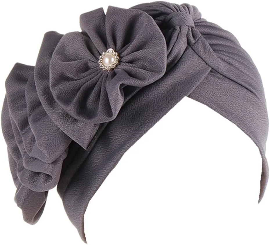 Flower Turban Hats for Women - Ruffle Bead Stretch Solid Caps Chemo Cancer Pre Tied Headscarf Headwear