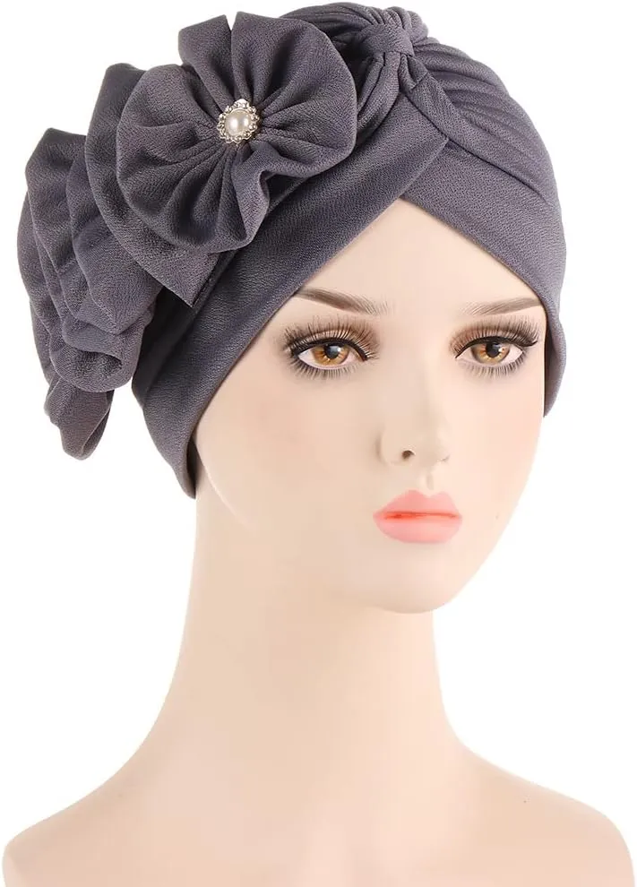 Flower Turban Hats for Women - Ruffle Bead Stretch Solid Caps Chemo Cancer Pre Tied Headscarf Headwear