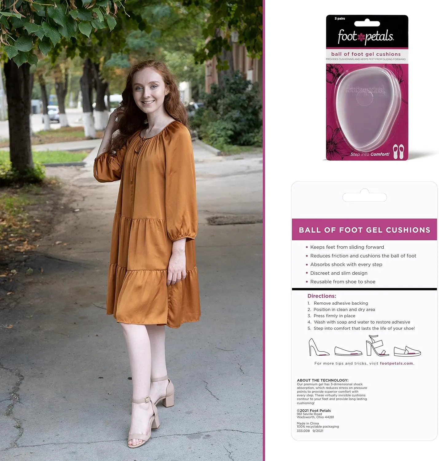 Foot Petals Ball of Foot Cushions, Metatarsal Pad, Lasting Comfort Relief, Prevent Toe Sliding, Overhang, Women's Heels