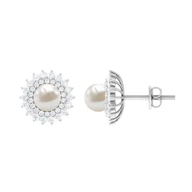 Freshwater Pearl Stud Earrings with Diamond Double Halo