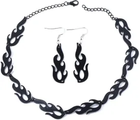 Fuqimanman2020 Flame Choker Necklace Earring Set Streetwear Hip Hop Punk Style Gold Black Pendant Necklace Accessory Cool Rock Chain Necklace for Women Men Jewelry(A)