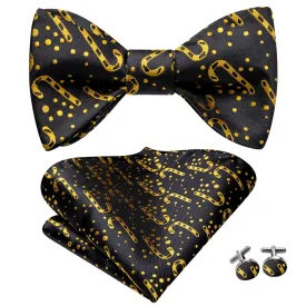 Hi-Tie Black Gold Christmas Cane Self-tied Bow Tie Hanky Cufflinks Set